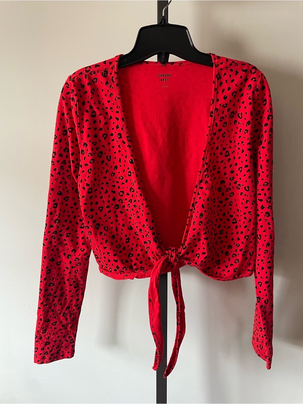 NEW Sunday Best Wrap Crop Top Leopard Animal Print Front Tie Red Cotton